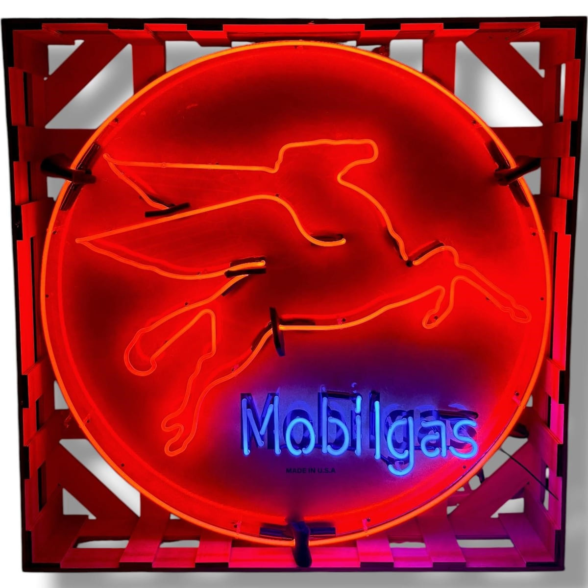 Actual catalog photograph of an illuminated round Mobilgas display with a red Pegasus outline, blue lettering, and a red wood shipping frame
