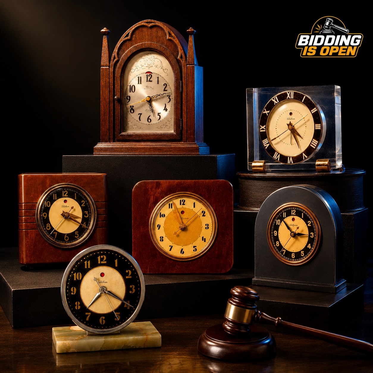 Illustrative display of vintage clocks arranged for an online auction