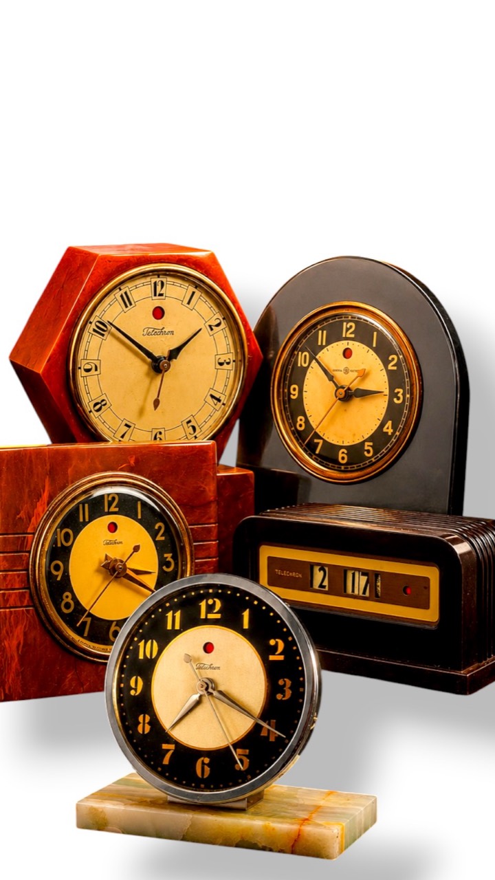 Promotional montage of five differently shaped Telechron tabletop clocks from the clock collection presentation
