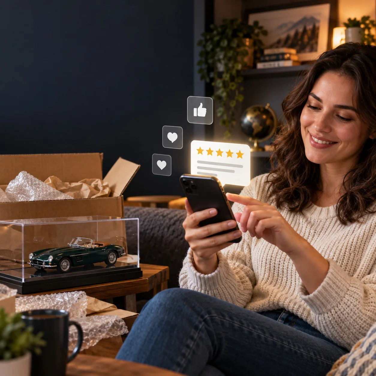 Illustrated auction customer using a phone near a carefully unpacked collectible and a five-star review symbol