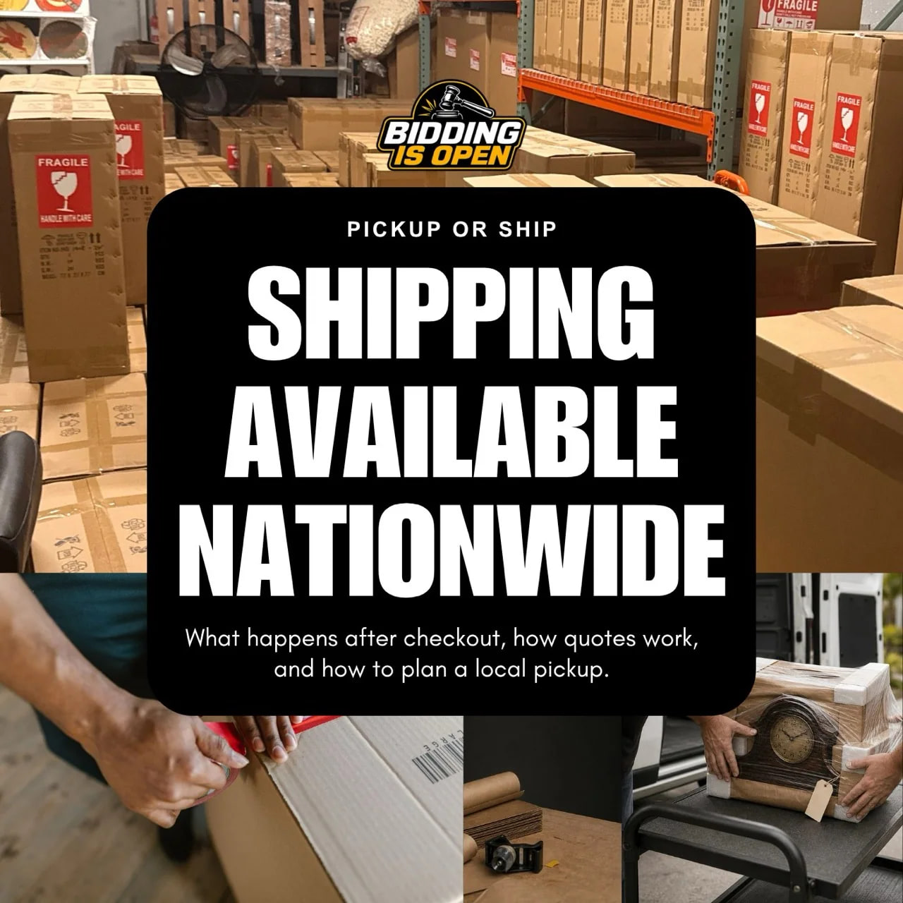 Illustrated auction shipping and pickup guide. It is not a photograph of the Bidding Is Open facility, staff, a current lot, or a shipping-eligibility claim; each live lot and event controls fulfillment.