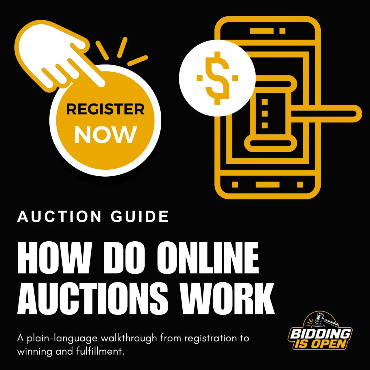 Black and auction-yellow illustrated guide cover with a phone, gavel, and online registration symbol
