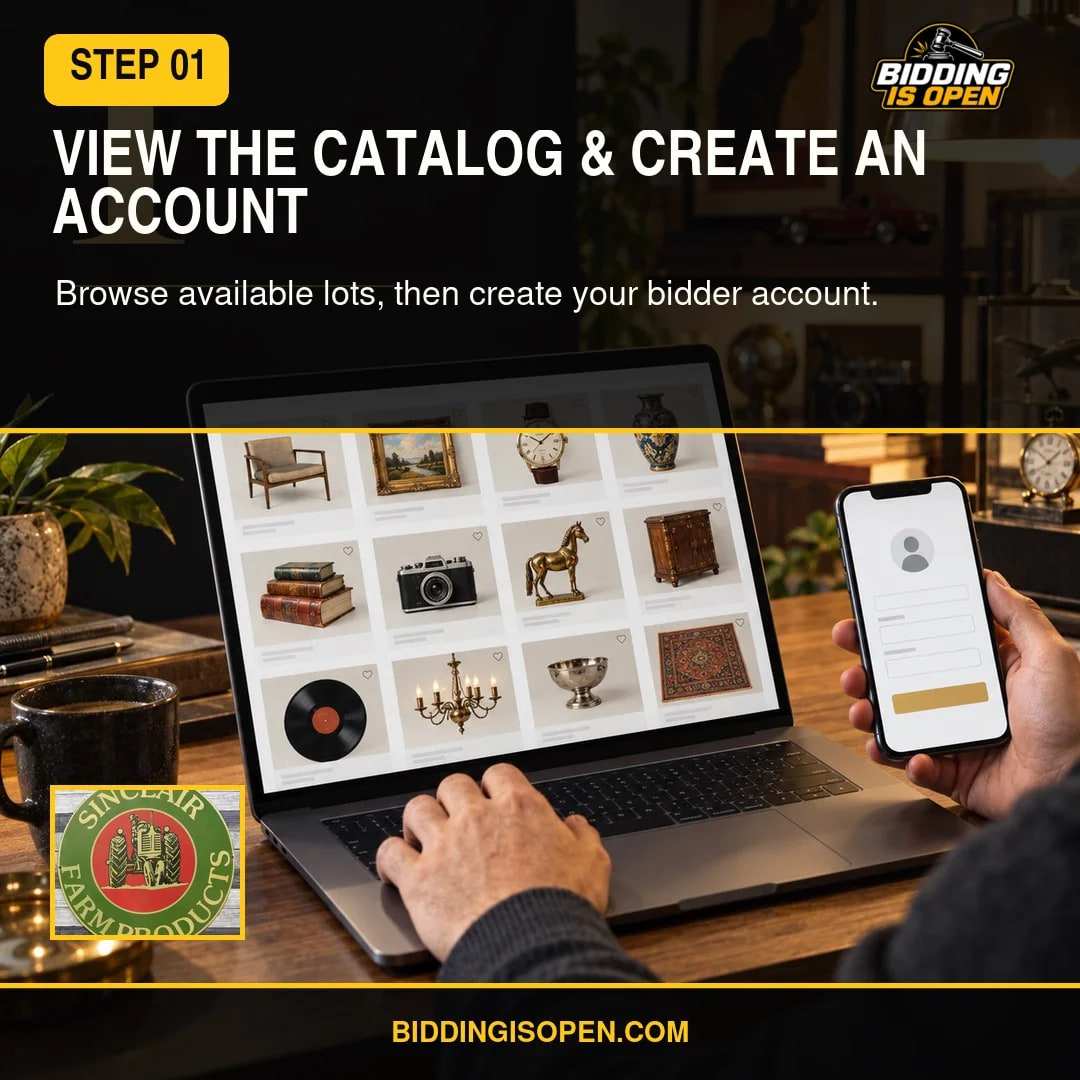 Illustrated bidder viewing an online auction catalog on a laptop while creating an account on a phone