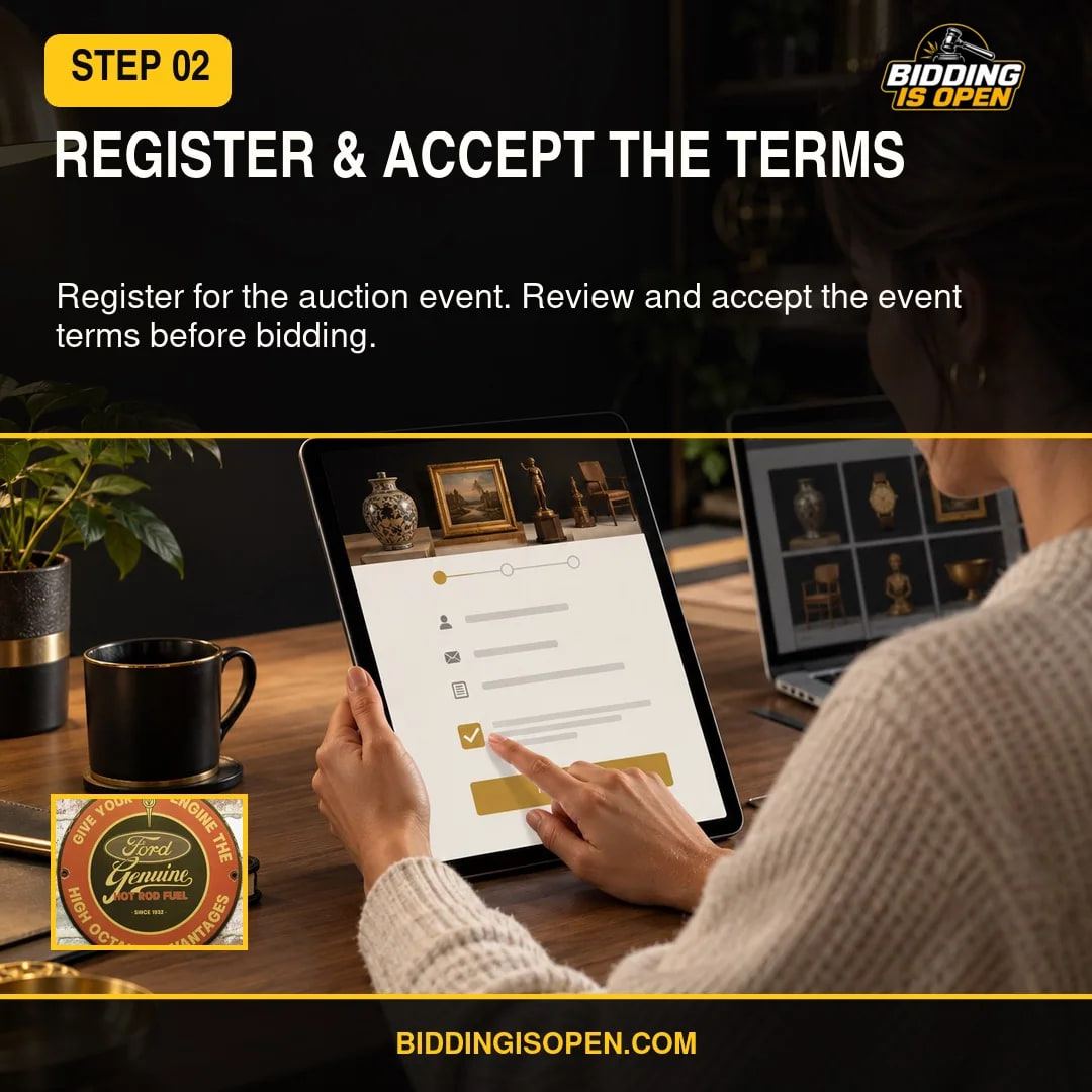Illustrated bidder using a tablet to register for an online auction and accept the event terms