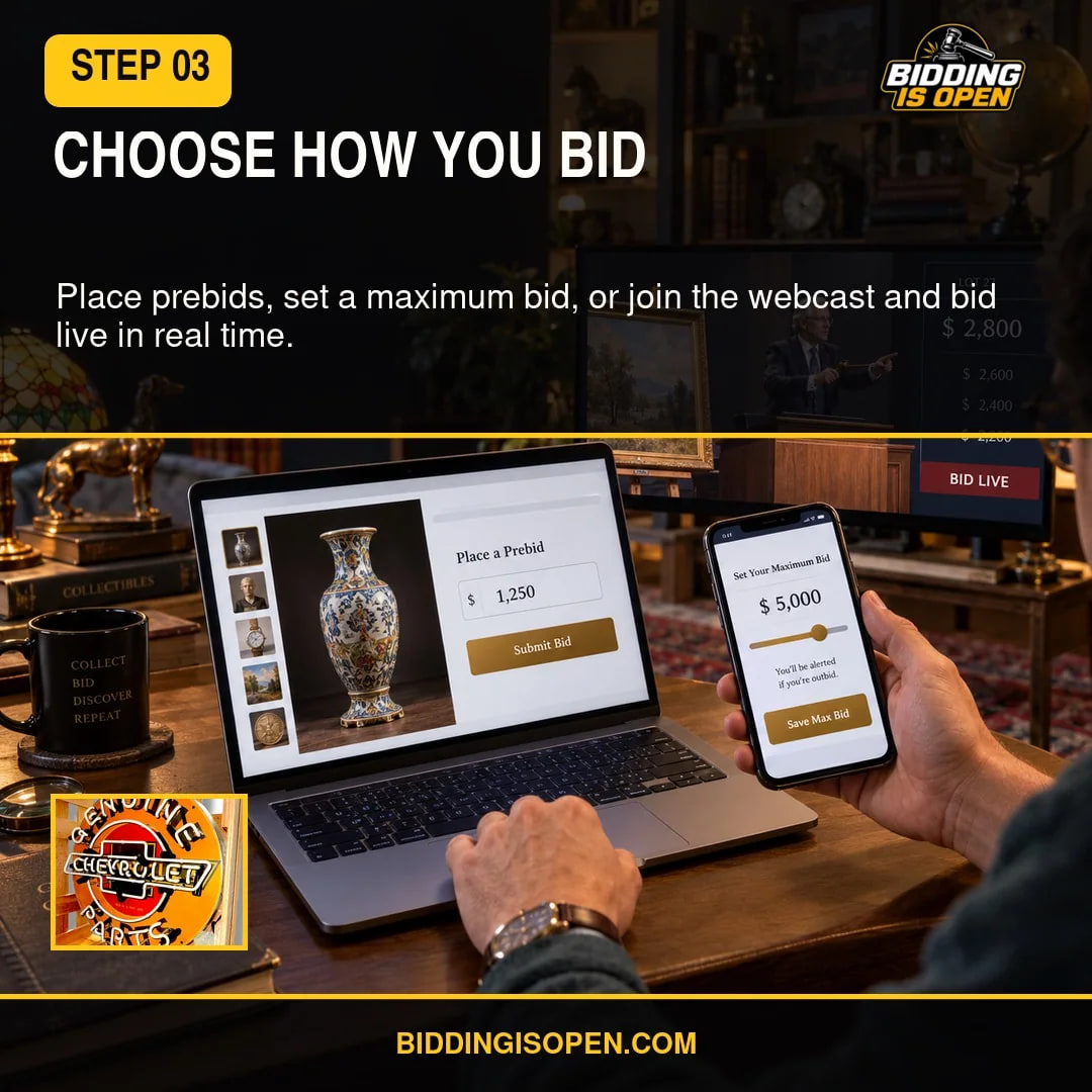 Illustrated online auction screens showing a prebid, a maximum bid, and live webcast bidding choices