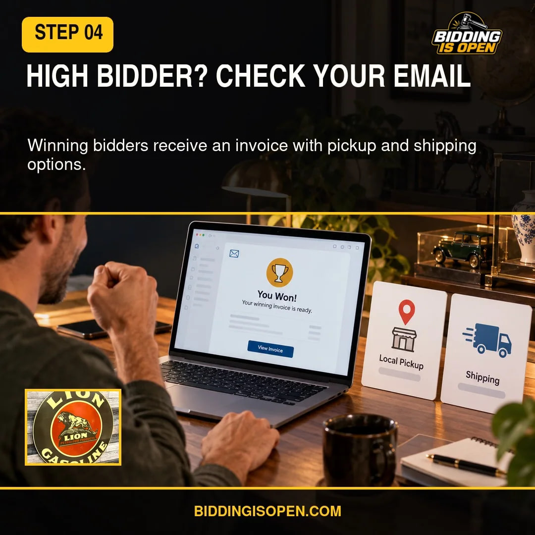 Illustrated winning bidder reviewing an auction invoice email with pickup and shipping options