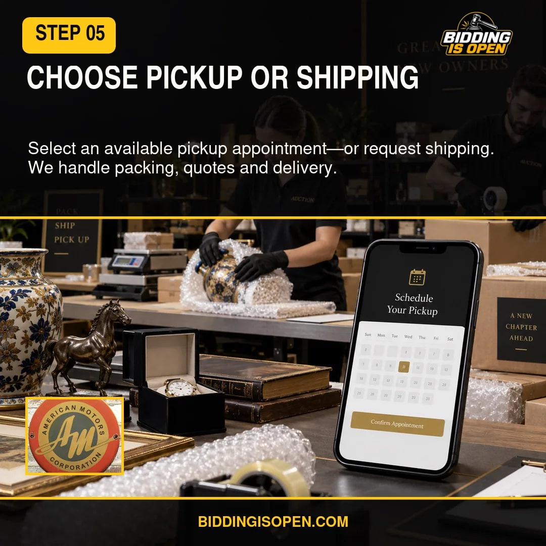 Illustrated auction fulfillment workspace with careful packing and a phone showing pickup scheduling