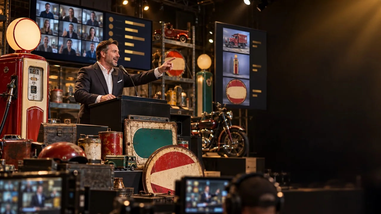 Illustrated live auctioneer conducting a webcast surrounded by vintage gas pumps, signs, motorcycles, and advertising collectibles