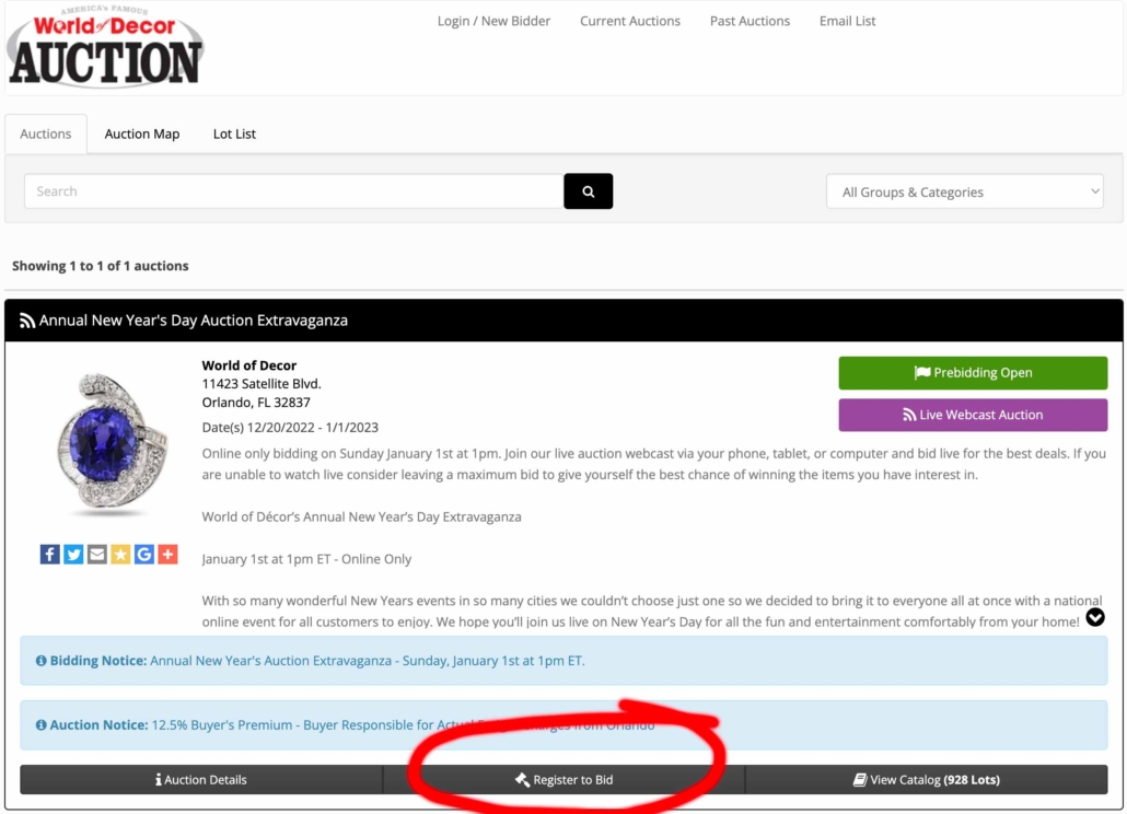 Darrien's 2022 HiBid walkthrough with Register to Bid circled below a catalog showing both Prebidding Open and Live Webcast Auction.
