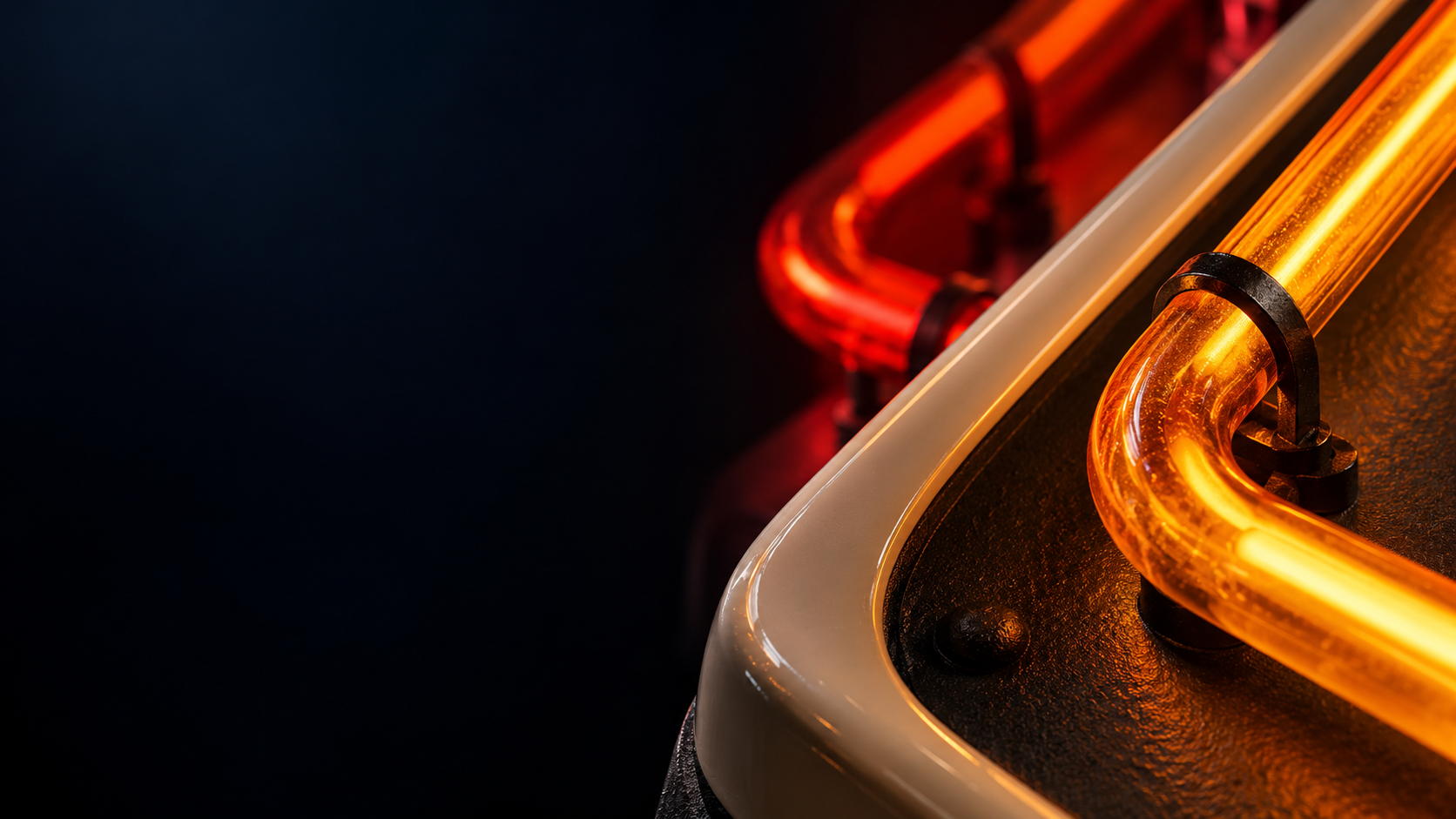 Illustrative amber neon, glossy porcelain enamel, and steel housing; promotional artwork, not a lot photograph