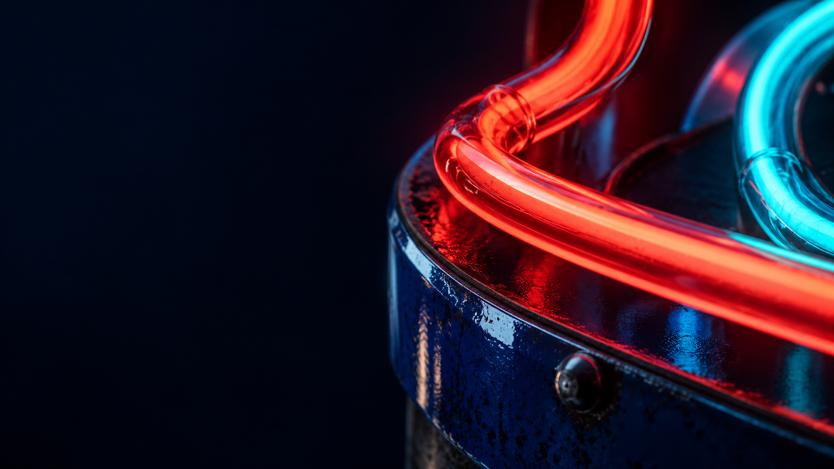 Illustrative red and cyan neon glass with porcelain enamel and dark steel; promotional artwork, not a lot photograph