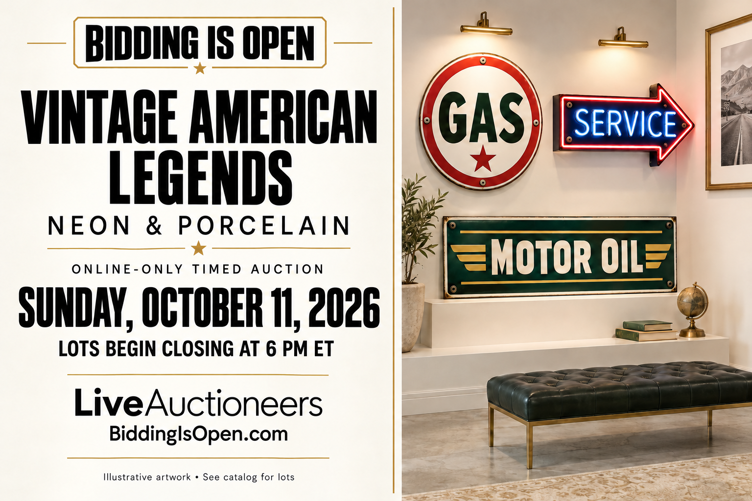 Vintage American Legends online-only timed auction: Sunday, October 11, 2026, lots begin closing at 6 PM ET on LiveAuctioneers. Illustrated display of complete reproduction signs.
