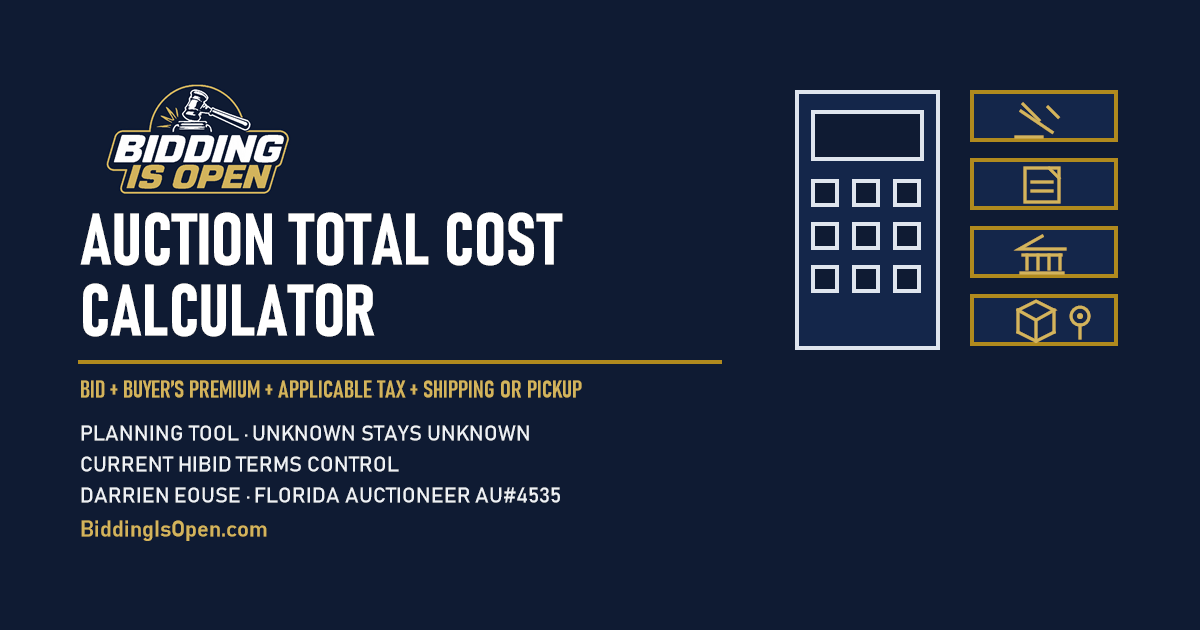 Bidding Is Open auction total-cost calculator graphic showing bid, premium, tax, fulfillment, and unknown costs