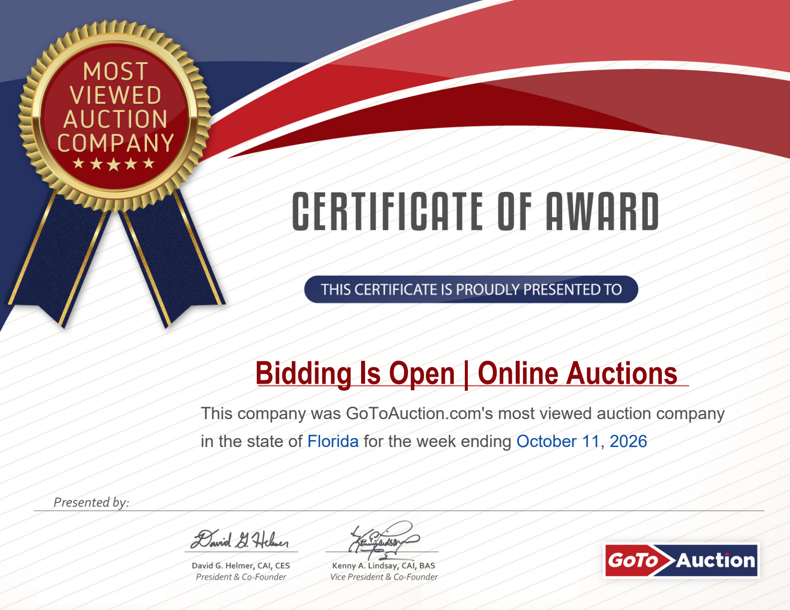 Certificate presented to Bidding Is Open | Online Auctions as GoToAuction.com’s most viewed auction company in Florida for the week ending October 11, 2026