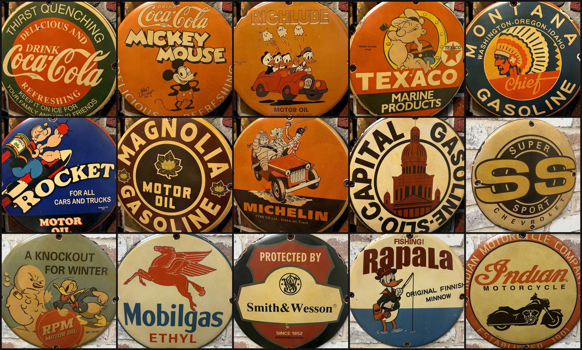 A wall collection of colorful porcelain advertising signs